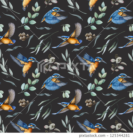Flying kingfisher birds with eucalyptus twigs decor seamless pattern element on dark background. Watercolor hand drawn realistic illustration. Bright birds with eucalyptus leaves seamless pattern Flying kingfisher birds with eucalyptus twigs decor seamless pattern element on dark background. Watercolor hand drawn realistic illustration. Bright birds with eucalyptus leaves seamless pattern 125344281