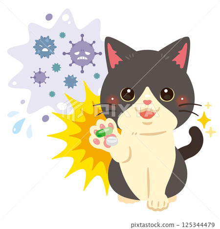 Illustration of a cat recovering after being treated for a virus with medicine 125344479
