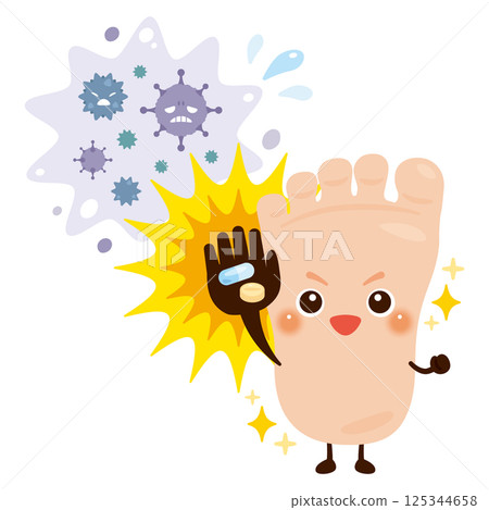 Character illustration of a foot recovering after treating an infection with medicine 125344658
