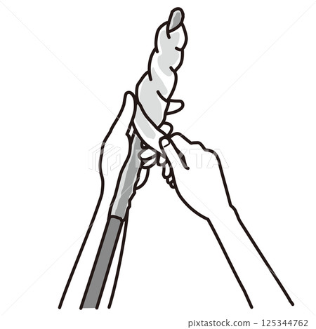 雙手將麵團裹在棍子上 — 單色插圖 雙手將麵團裹在棍子上 — 單色插圖 125344762
