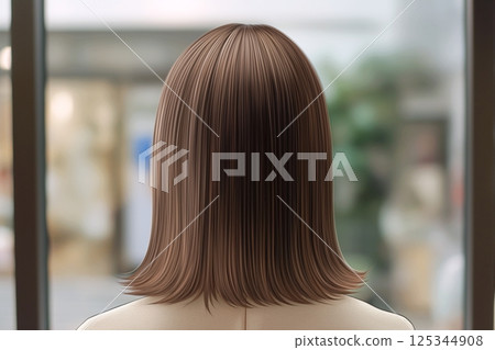 AI-generated image of a woman and her hairstyle photographed at a hair salon AI-generated image of a woman and her hairstyle photographed at a hair salon 125344908