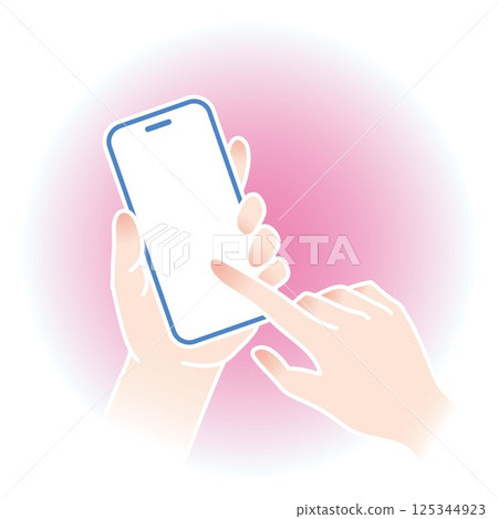 操作智慧型手機的手_粉紅色_用左手垂直握住_用右手手指操作 操作智慧型手機的手_粉紅色_用左手垂直握住_用右手手指操作 125344923