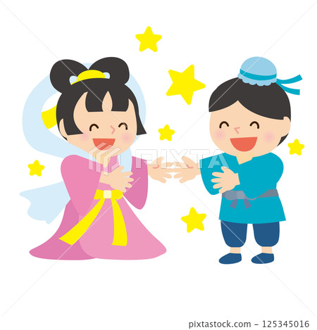 七夕-織姬與彥星相遇時微笑的插圖 七夕-織姬與彥星相遇時微笑的插圖 125345016