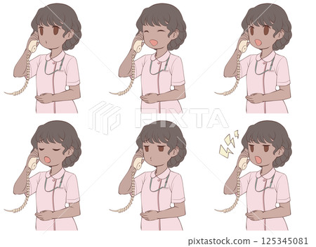 A set of 6 types of facial expressions of a dark-skinned female nurse talking on a phone 125345081