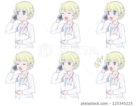 金髮女醫生用智慧型手機打電話 — — 6 種不同的臉部表情 125345225