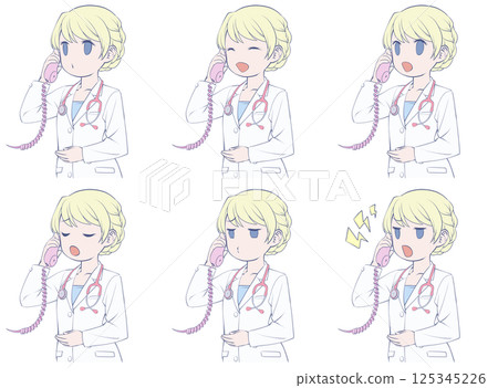 金髮女醫生在電話裡說話，有 6 種不同的面部表情 125345226