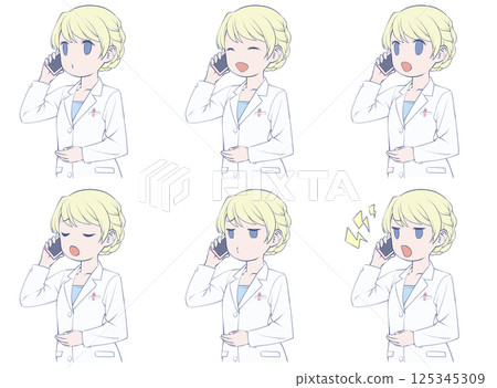 金髮女藥劑師用智慧型手機打電話 — — 6 種不同的臉部表情 金髮女藥劑師用智慧型手機打電話 — — 6 種不同的臉部表情 125345309