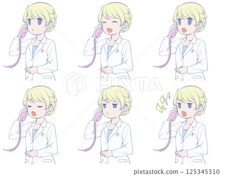 Blonde female pharmacist talking on the phone, set of 6 different facial expressions 125345310