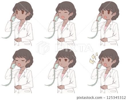 一位皮膚黝黑的女藥劑師在電話中交談時的 6 種面部表情 一位皮膚黝黑的女藥劑師在電話中交談時的 6 種面部表情 125345312