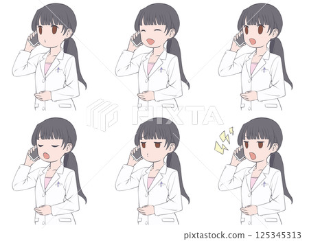 A black-haired female pharmacist making a phone call on her smartphone - set of 6 different facial expressions 125345313