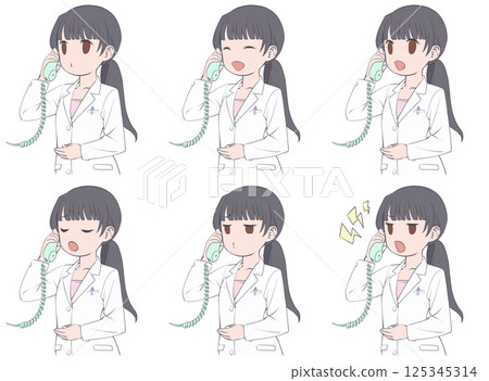 一位黑髮女藥劑師在電話中交談的 6 種面部表情 125345314