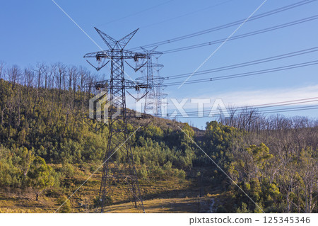 A line of Transmission Towers running across agricultural land 125345346