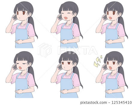 A black-haired woman in an apron making a phone call on her smartphone - set of 6 different facial expressions 125345410
