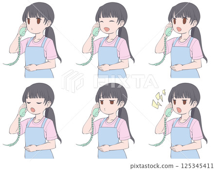 一位黑髮女子穿著圍裙打電話,臉上有 6 種不同的臉部表情 一位黑髮女子穿著圍裙打電話,臉上有 6 種不同的臉部表情 125345411