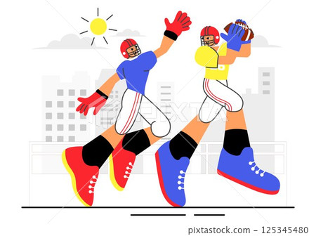 American Football Vector Illustration featuring Athletes Holding the Ball During a Match in a Stadium in a Flat Style Cartoon Background 125345480
