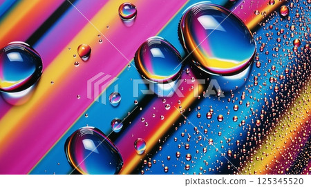 Colorful water droplets on vibrant rainbow background with reflections 125345520