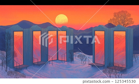 Surreal winter sunset with standing mirrors reflecting vibrant sky Surreal winter sunset with standing mirrors reflecting vibrant sky 125345530