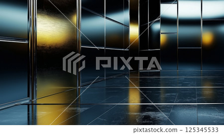 Modern dark metallic interior with reflective surfaces and warm lighting Modern dark metallic interior with reflective surfaces and warm lighting 125345533
