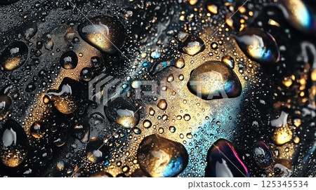 Vibrant water droplets on metallic surface with reflective highlights 125345534