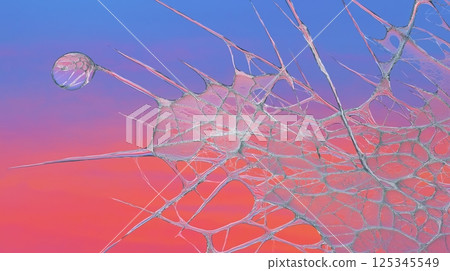 Abstract netlike structure with droplet against pink and blue background 125345549