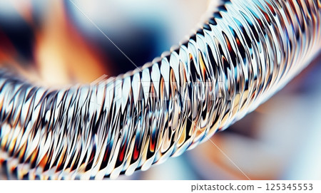 Close-up of twisted metallic coil with vibrant background highlights Close-up of twisted metallic coil with vibrant background highlights 125345553
