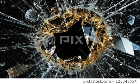 Close-up of shattered glass with golden edges creating star-shaped hole Close-up of shattered glass with golden edges creating star-shaped hole 125345554