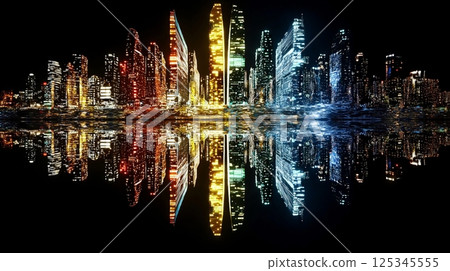 Vibrant night cityscape with colorful lights reflected on water Vibrant night cityscape with colorful lights reflected on water 125345555