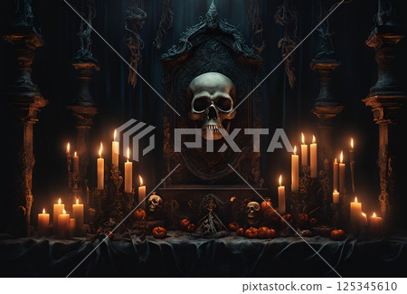 用頭骨裝飾的恐怖祭壇插圖 125345610