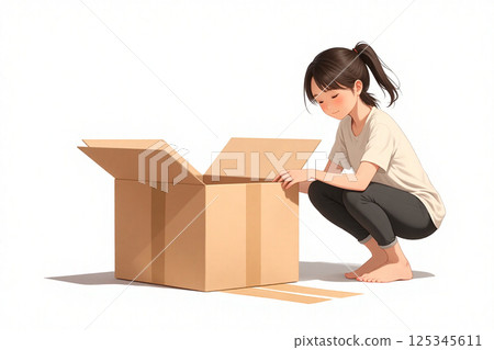 關閉有膠帶的婦女一個紙板箱 關閉有膠帶的婦女一個紙板箱 125345611