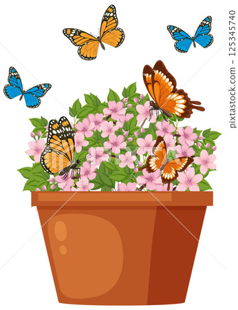 Colorful Butterflies and Blossoms in Terracotta Pot 125345740