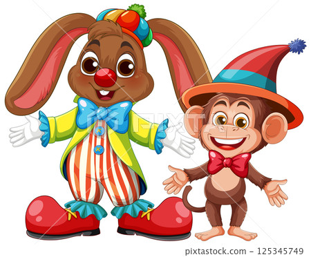 Colorful Cartoon Clown and Monkey Duo Illustration 125345749