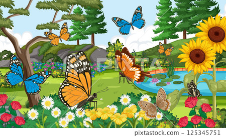 Vibrant Garden with Butterflies and Sunflowers 125345751