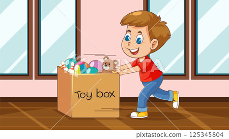 Child Pushing Toy Box in Playroom Child Pushing Toy Box in Playroom 125345804