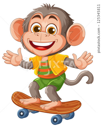 Cheerful Monkey Skateboarding in Colorful Attire Cheerful Monkey Skateboarding in Colorful Attire 125345811