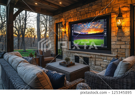 A luxurious evening watching sports in the outdoor living area 125345895