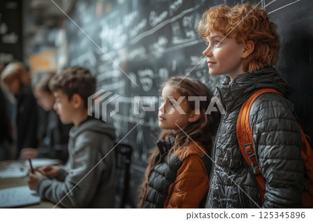Children looking to the future in a classroom with a blackboard with mathematical formulas written on it 125345896