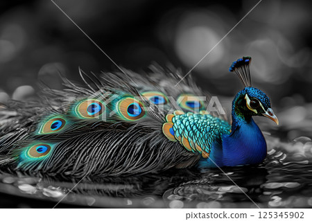 A peacock with vibrant feathers wrapped in a fantastic glow 125345902