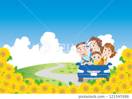 道路安全<與家人一起開車(右側車輛),藍色汽車,陽光明媚的田野,夏天,向日葵> 道路安全<與家人一起開車(右側車輛),藍色汽車,陽光明媚的田野,夏天,向日葵> 125345986
