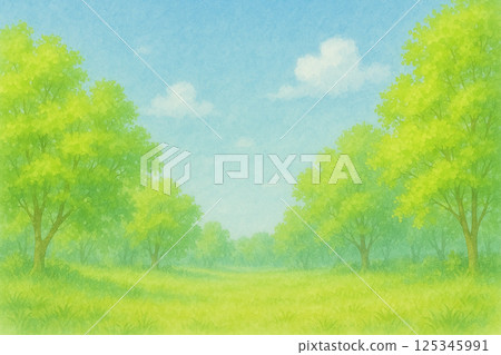 鮮綠草地和森林的水彩風景插圖 鮮綠草地和森林的水彩風景插圖 125345991