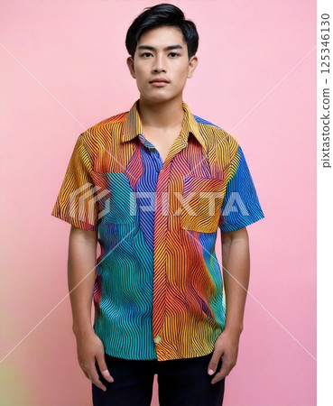 Image of a male model wearing a colorful shirt (pink background) 125346130