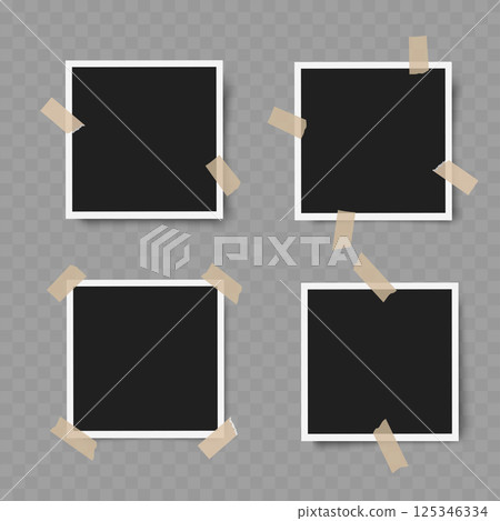 Four Square Photo Frames with Black Background and Tape - Vector 125346334