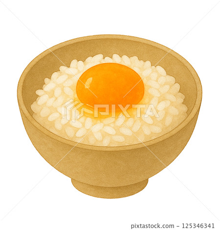 Watercolor illustration of raw egg on rice (white rice and raw egg) 125346341