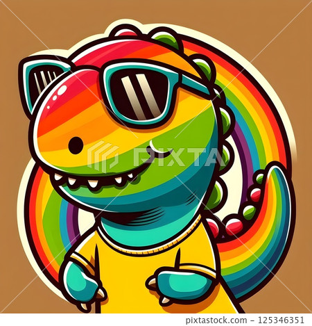 Cool Dinosaur with Sunglasses and Rainbow 125346351