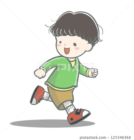 A boy running happily while looking behind him A boy running happily while looking behind him 125346368