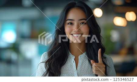 Woman pointing finger up Portrait of a young woman smiling in the office 125346527