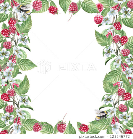Square frame with raspberry branches and bees. Isolated watercolor illustration of ripe berries for product packaging design, photo frame decoration, poster printing. 125346772