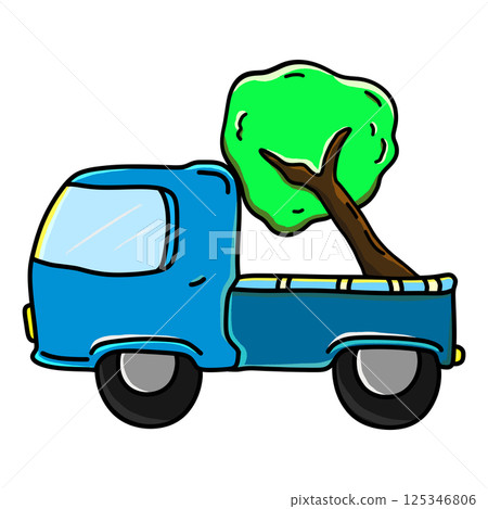 Blue truck delivering a large tree cartoon color illustration 125346806
