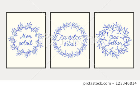 La dolce vita doodles placard or poster set with simple branches. Vector illustration of italian style hand drawn posters. Wall art prints decor. Illustration for invitations, menus design. La dolce vita doodles placard or poster set with simple branches. Vector illustration of italian style hand drawn posters. Wall art prints decor. Illustration for invitations, menus design. 125346814