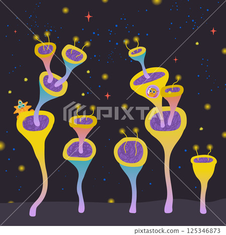 Vector illustration of a aliens and aliens houses on a another planet. Trip across the galaxy. 125346873