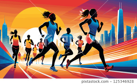 Runners Competing in a City Marathon at Sunrise 125346928